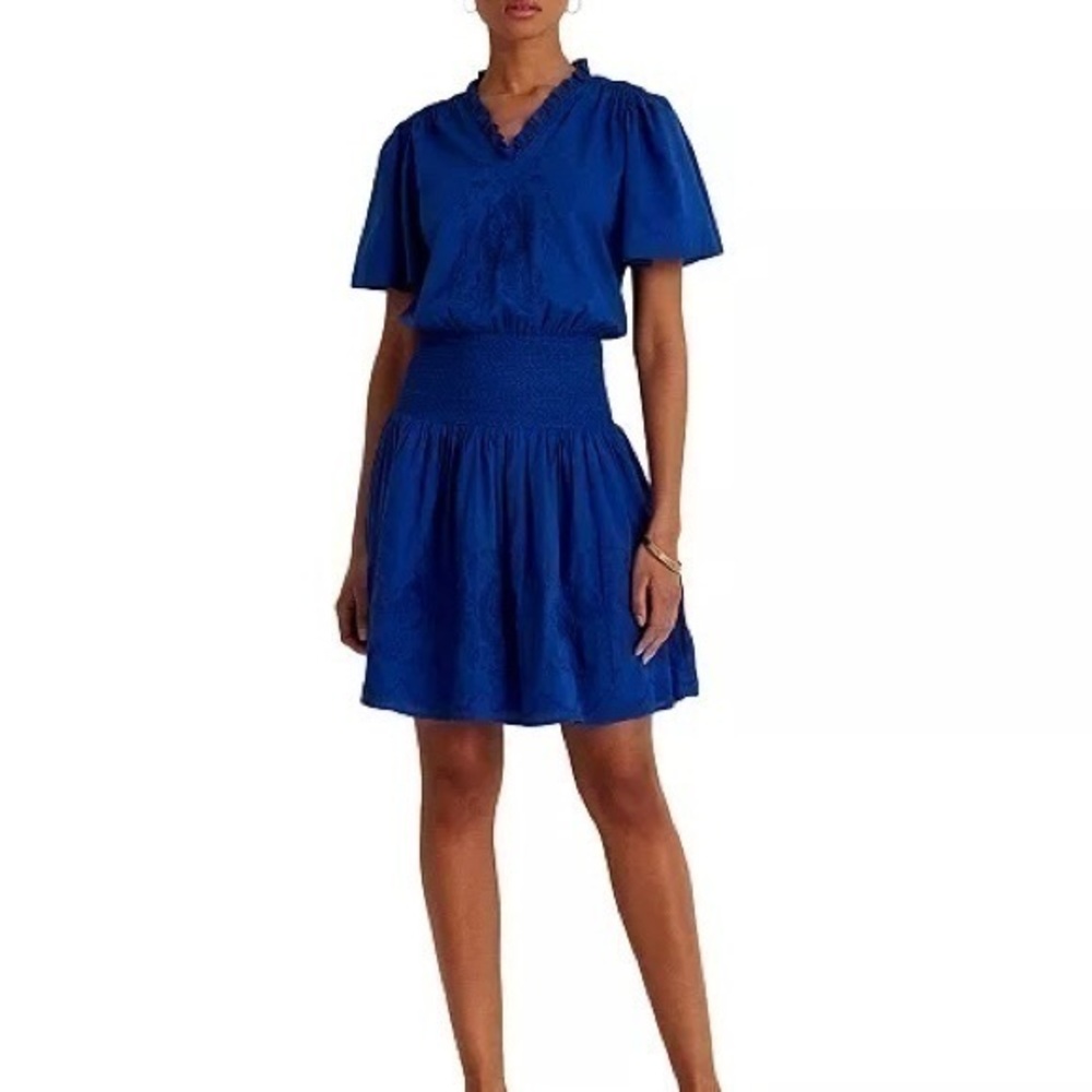 Ralph Lauren Cotton Ruffle-Trimmed Dress in Sapphire blue color Size 0